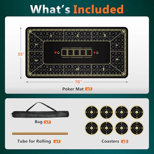 ORIENGEAR Poker Mat 70x35 Inch, 10 Player Poker Table Topper with Non-Slip Rubber Base & Carry Bag, Professional Blackjack Table Top for Texas Holdem, Home Casino Game Nights - color: Black