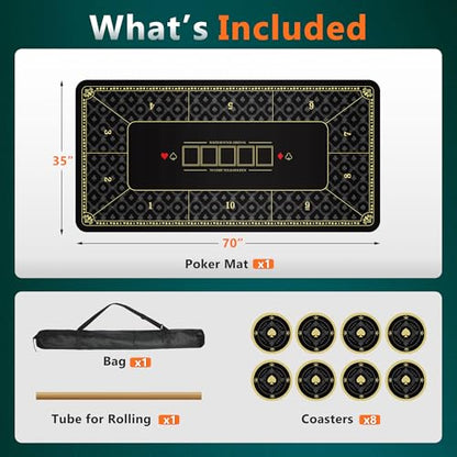ORIENGEAR Poker Mat 70x35 Inch, 10 Player Poker Table Topper with Non-Slip Rubber Base & Carry Bag, Professional Blackjack Table Top for Texas Holdem, Home Casino Game Nights - color: Black