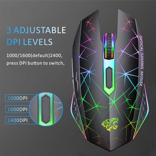 TENMOS V7 Wireless Gaming Mouse,Rechargeable LED Wireless Mice Silent-Black | 2.4GHz Optical, Quiet Click, Rainbow LED Light, Nano Receiver, 2400DPI, Ergonomic, Side Button, Cordless,for Laptop/PC/Mac