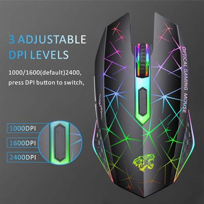 TENMOS V7 Wireless Gaming Mouse,Rechargeable LED Wireless Mice Silent-Black | 2.4GHz Optical, Quiet Click, Rainbow LED Light, Nano Receiver, 2400DPI, Ergonomic, Side Button, Cordless,for Laptop/PC/Mac