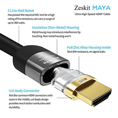 Zeskit Certified 2.1 8K HDMI Cable 48Gbps 4K120Hz Compatible with Soundbar eARC HDR10 VRR Dolby Vision Atmos HDCP 2.2 2.3 PS5 Xbox Series X Apple TV Roku (Ultra High Speed, Maya CL3 In Wall Long 13ft) - size: 13 ft