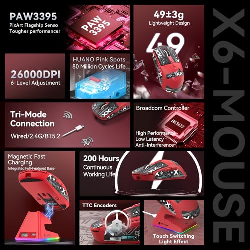 ATTACK SHARK X6 Lightweight Wireless Gaming Mouse with RGB Backlight Charging Base,Tri-Mode Wired/2.4GHz/BT5.2,26K DPI, PAW3395 Optical Sensor,HUANO Switch,5programmable Buttons,PC/Mac(Red+Sticker) - color: Red, size: Mouse with Anti-slip sticker