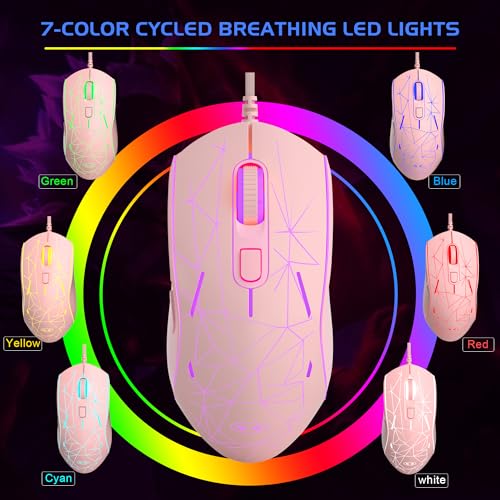 MageGee G6 Wired Gaming Mouse, Ergonomic USB Optical Mouse with 7 Colors Breathing LED Backlit, 6 Adjustable Speed Levels from 600 to 3200 for Laptop PC Computer Games & Work, Pink - color: pink