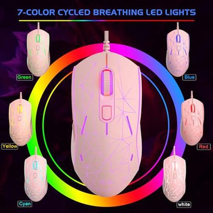 MageGee G6 Wired Gaming Mouse, Ergonomic USB Optical Mouse with 7 Colors Breathing LED Backlit, 6 Adjustable Speed Levels from 600 to 3200 for Laptop PC Computer Games & Work, Pink - color: pink