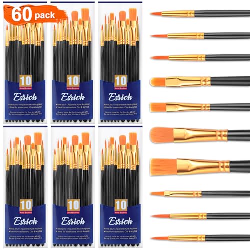 ESRICH Paint Brush Set,6 Packs 60 Pcs Nylon Hair Paint Brushes for Acrylic Painting,Artist Paintbrushes for Acrylic,Oil,Watercolor Painting,Face Nail Art,Paint Brushes for Kids,Black - color: Black, size: 60