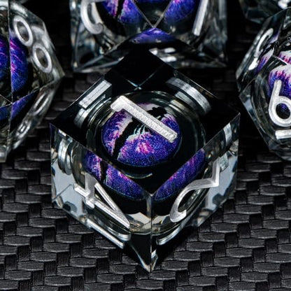 ARUOHHA DND Resin Dice Dragon Eye Dice Liquid Core Purple Sharp Edged Dice Set with Gift Box, Dungeons Polyhedral D and D Dice Set Compatible with D&D Role Playing Game D20 D12 D10 D8 D6 - color: Ly02-purple Black