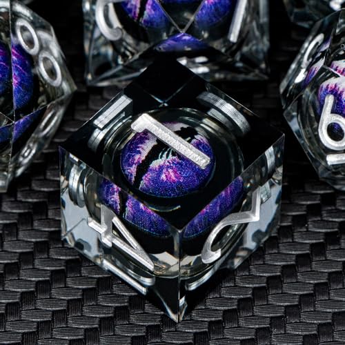 ARUOHHA DND Resin Dice Dragon Eye Dice Liquid Core Purple Sharp Edged Dice Set with Gift Box, Dungeons Polyhedral D and D Dice Set Compatible with D&D Role Playing Game D20 D12 D10 D8 D6 - color: Ly02-purple Black