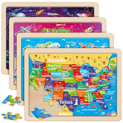 SYNARRY Large US World Earth Solar System Wooden Puzzles for Kids Gift Box(12.2 * 9.4 in), Puzzles for Toddlers 3-5, Wood Puzzles for Kids Ages 4-6, Easter Basket Stuffers Gifts for Kids - style: US World Earth Solar System