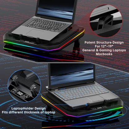 Gaming Laptop Cooling Pad with 3500RPM Powerful Turbofan, RGB Laptop Cooler Stand with 3 USB Ports, Ergonomic Adjustable Height Laptop Fan for 12-19 Inch Notebooks, Office & Gaming