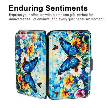 Credit Card Holder Small RFID Blocking Wallet Business Metal Slim Mini Aluminum Hard Case for Women Men - color: Blue Butterfly Daisies