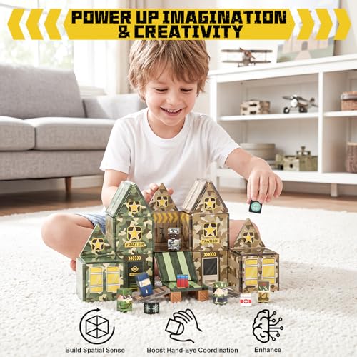 Bmag 109 PCS Military Magnetic Tiles Set, Army STEM Building Toys, Camo Printed Construction Blocks, Educational Play Gifts for Boys Girls Ages 3-12 - size: 109PCS
