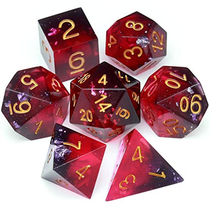 Haxtec Sharp Edge DND Dice Set, Silver Flakes Resin Polyhedral RPG Dice | Wine Red D&D for Table Games, Compatible with Dungeons and Dragons, Handmade 7-Die with Metal Case, MTG Gifts, War Series - color: Purple Red Black