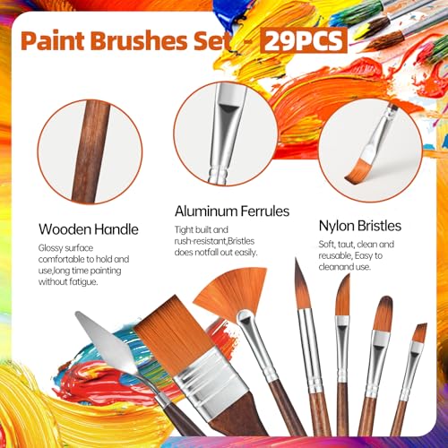 GETHPEN 29pcs Paint Brush Set, Acrylic Paint Brushes, Oil, Watercolor | Paint Brush 9 Shapes with Wide Flat, Filbert, Fan, Dagger, Cat Tongue, Round, Angle, Rigger with Palette Knife & Canvas Roll - style: Assorted Shapes