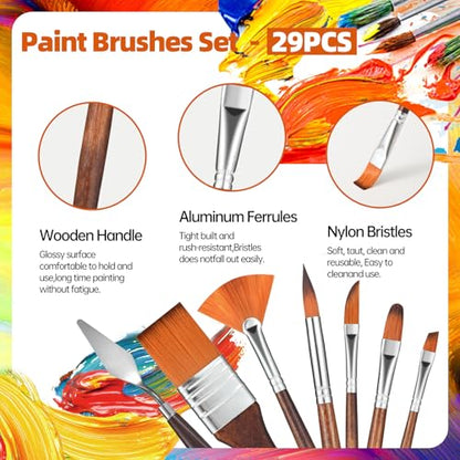 GETHPEN 29pcs Paint Brush Set, Acrylic Paint Brushes, Oil, Watercolor | Paint Brush 9 Shapes with Wide Flat, Filbert, Fan, Dagger, Cat Tongue, Round, Angle, Rigger with Palette Knife & Canvas Roll - style: Assorted Shapes
