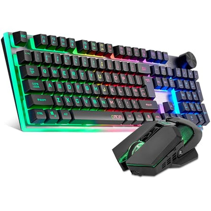 Wireless Gaming Keyboard with knob and Mouse Combo USB Dongle 2.4G Rechargeable 3000mAH Battery RGB Backlit Stainless Panel 4200DPI Side Button Mice for PC Laptop Compatible with Windows 8/9/10 MacOS