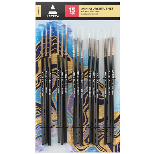 ARTEZA Detail Paint Brushes, Set of 15, Miniature Paint Brush Set with Spot, Round and Liner Tips, Fine Tip Paint Brushes for Acrylic Painting, Watercolor, Models, Crafts and Canvas - style: Detail Paint Brushes