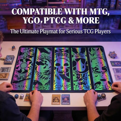 Holographic TCG Playmat for MTG with Waterproof Oxford Bag, Premium Trading Card Game Mat with Stitched Edges, Iridescent Elemental Game Pad, Anti-Slip Rubber Base (Basicland) - color: Basicland
