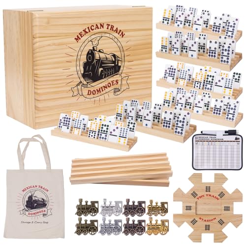 Extguds Double 12 Mexican Train Dominoes Set for Adults, Wooden Mexican Train Dominos with Solid Wood Storage Box, 91 Tiles, Hub, 8 Wooden Racks, Metal Train Markers, Scoreboard & Canvas Bag