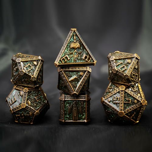 Metal DND Dice Set for D&D Dungeons and Dragons RPG Game Skull Wizard Theme Polyhedral Dice with Metal Gift Box for Dice Goblin Collectable Unique Skeleton Halloween Accessories (Green Brass) - color: Green Brass