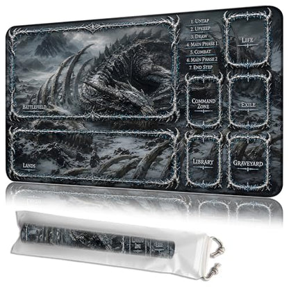 MTG Playmat with Zones, Black Dragon Skeleton, 24 x 14 Inch Stitched Non Slip Rubber Trading Card Game Mat, 2mm Thick Tabletop Mat for Card Games - color: Black Dragon Skeleton, size: 24"x14"With Zones