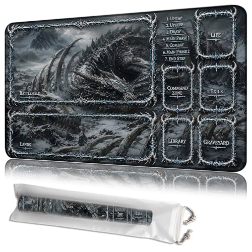 MTG Playmat with Zones, Black Dragon Skeleton, 24 x 14 Inch Stitched Non Slip Rubber Trading Card Game Mat, 2mm Thick Tabletop Mat for Card Games - color: Black Dragon Skeleton, size: 24"x14"With Zones