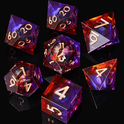 Dragon Eye DND Dice Set, 7pcs Liquid Core Dice with Gift Box, Handmade Sharp Edge Resin Dice for Role Playing Dungeons and Dragons Ttrpg(Purple&Brown) - color: Purple&brown Eye