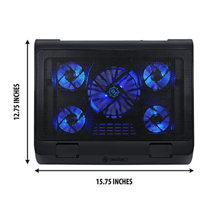 ENHANCE Gaming Laptop Cooling Pad Stand with LED Cooler Fans , Adjustable Height , & Dual USB Port for 17 inch Laptops - 5 Ultra Quiet High Performance Fans 2630 RPM & Built-In Bumpers - Blue - color: Blue