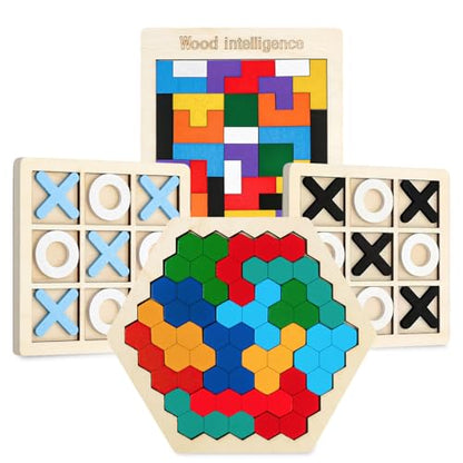 Wooden Puzzles,Geometric Shape Logic Hexagon Puzzle Toys Brain Teasers STEM Montessori Educatioanl IQ Board Games Easter Basket Stuffers Gift for Kids Boys Girls Ages 3+ (4 Pack) - style: Puzzle set-4pcs