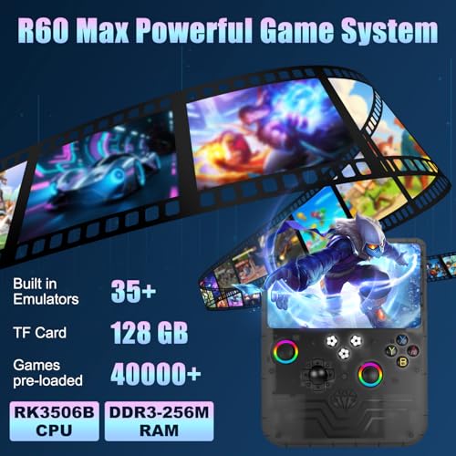 R60 Max Handheld Game Console,128GB Retro Gaming Console with 40,000+ Games, 6-Inch IPS Screen, Linux System, RGB Joysticks, 6000mAh Rechargeable Portable Gaming System (Transparent Gray) - color: Transparent Gray