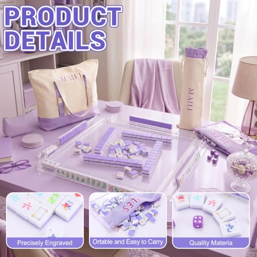 1.2'' American Mahjong Set 160 Mahjong Tile 4 All-in-One Rack Pushers 4 Dice 3 Carrying Bags Accessories Complete American Mah Jong Tile Set for Table Travel Game Collection Gift(Purple)