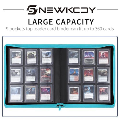 Snekdy Top loader Binder, 9 Pockets Top Loader，Holds 360 Top Loaders cards, Card binder with Sleeves for card in 3 x 4 inch color smooth Zipper PU Leather (Turquoise) - color: Turquoise