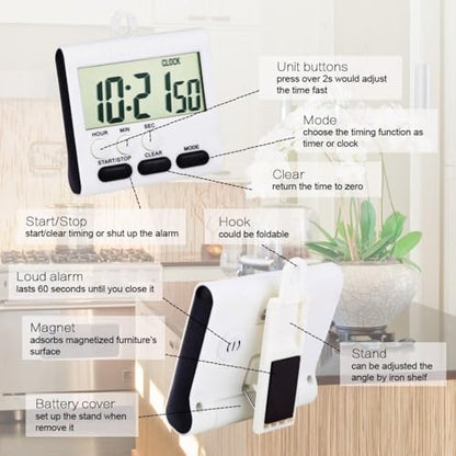 Xuhal 8 Pack Digital Magnetic Kitchen Timer for Cooking Bulk, Black | Big Digit Loud Alarm Magnetic Backing Stand Hook 24 Hour Clock for Baking Cooking, Egg, Classroom, Teacher, Exercise, Study - color: Black