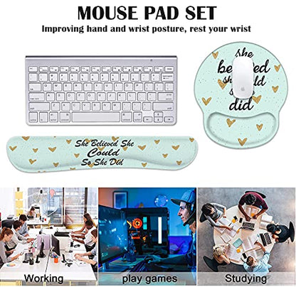 Keyboard Wrist Rest and Mouse Pad Wrist Rest Support Set with Coasters, She Believed She Could So She Did Inspirational Quote Wrist Mouse Pad with Non-Slip PU Base for Computer Laptop Home Office - color: Inspirational Quote She Believed She Could So She
