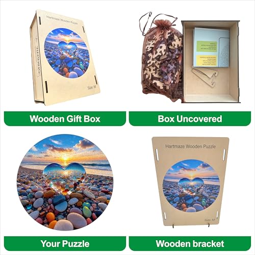 Hartmaze Sunset on Pebble Beach Wooden Puzzle, 178 Intricate Irregular Pieces, 11.2x11.2 Inch, Exquisite Wooden Gift Box – Stunning Coastal Art Jigsaw for Adults & Kids 8+ - color: Sunset on Pebble Beach
