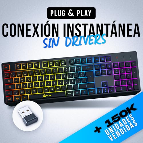 KLIM Chroma Wireless Spanish (España) Keyboard, RGB Backlit Wireless Keyboard, Rechargeable Battery, Quiet, Water-Resistant, Plug & Play for PC, Mac, PS4/PS5 - color: Black - Wireless (ES Layout)
