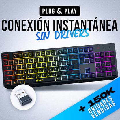 KLIM Chroma Wireless Spanish (España) Keyboard, RGB Backlit Wireless Keyboard, Rechargeable Battery, Quiet, Water-Resistant, Plug & Play for PC, Mac, PS4/PS5 - color: Black - Wireless (ES Layout)