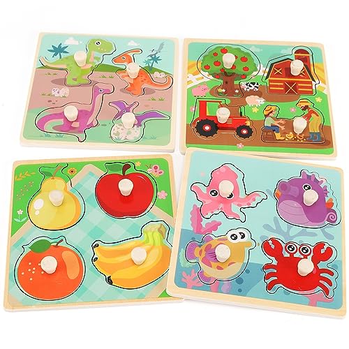 Wooden Peg Puzzles for Toddlers 1-3, Kids' Educational Preschool Peg Puzzle Toy, Set of 4 Toddler Puzzles - Farm, Dinosaur, Fruit and Marine Animals, Ideal Gift for Ages 1 2 3 Boys and Girls - color: Style a