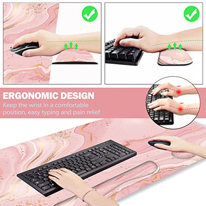 ARTSO Extended Gaming Mouse Pad Set, Keyboard Wrist Rest Support Pad + Wrist Cushion + XXL Large Mouse Pad + Coaster, Stitched Edge, Non-Slip, Memory Foam Desk Mat, Pink Gold Marble - color: Pink Gold Marble