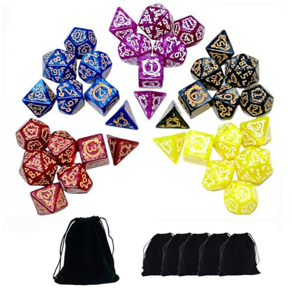 SmartDealsPro Retro Polyhedral Dice Sets with Pouches for D&D DND RPG MTG Dungeon and Dragons Table Board Roll Playing Games D4 D6 D8 D10 D% D12 D20 - color: 5-color Retro Dragon Pattern