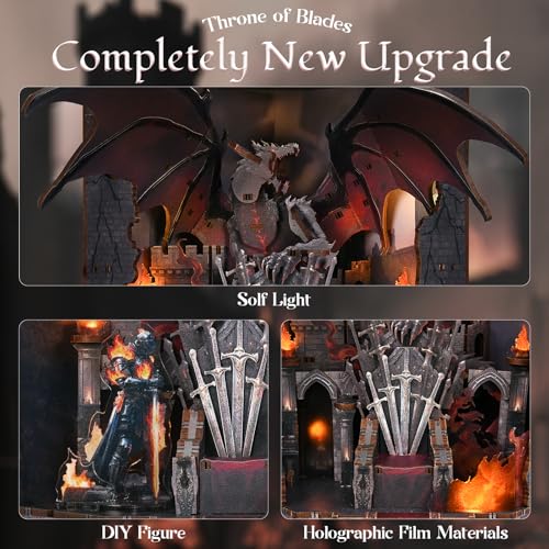 MiniCity Book Nook Kit - DIY Miniature House Kit for Adults and Teens, Dollhouse Booknook Tiny House Model Build Bookshelf Decor, Gifts for Family, Friends (Throne of Blade) | Create a dragon king throne for display; LED lighting, glue/tools and guide inc