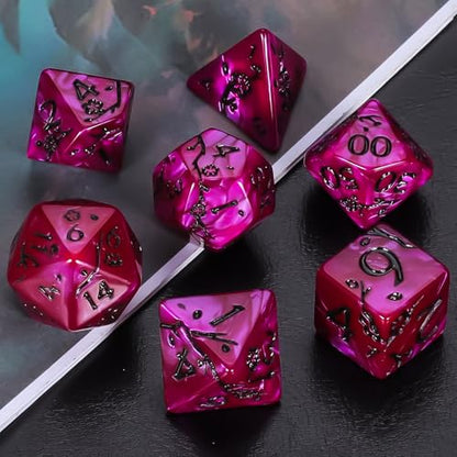 CiaraQ 7pcs Polyhedral Dice Set for Dungeon and Dragons MTG Table Games | Acrylic Role Playing Dice for D&D with Black Velvet Bag – Rose Red Pearl with Black Numbers & Plum Blossom Patterns - color: Rose Red and Black Floral Dice