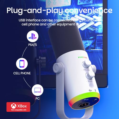 USB/XLR Desktop Dynamic Microphone with RGB Lighting, Noise Reduction, Mute Button & Headphone Jack - Podcast, Gaming, Streaming Mic for PC & Computer (White) - color: White