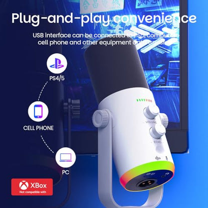USB/XLR Desktop Dynamic Microphone with RGB Lighting, Noise Reduction, Mute Button & Headphone Jack - Podcast, Gaming, Streaming Mic for PC & Computer (White) - color: White