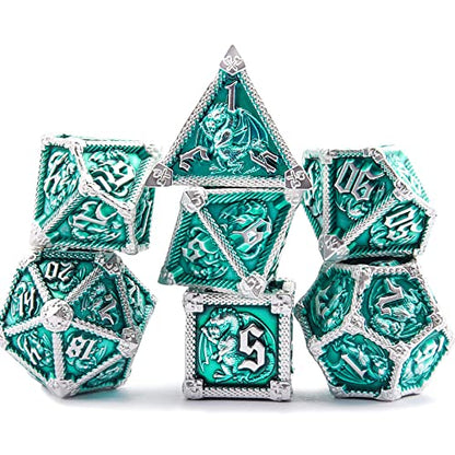 AUSTOR 7-Die Metal DND Dice Set Dungeons and Dragons Polyhedral Roll Playing Dice with Box D20 D12 D10 D% D8 D6 D4 for Pathfinder MTG RPG Board Games - color: Emerald With Silver Edge