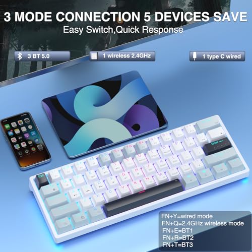 SOLAKAKA SK961 Wireless Mechanical Keyboard with RGB Backlight,Tri-Mode BT5.0/Wired/2.4GHz 60 Percent Wireless Gaming Keyboard,Red Switch - color: SK961-whiteblue-redswitch