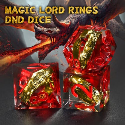 FONVGOGO Magic Lord Rings D and D Dice Set, Sharp Edge Resin DND Dice with Box 7Pcs Dungeons and Dragons Polyhedral Dice Set for Role Playing Game Gift Tabletop Games (Ring Red) - color: Ring Red