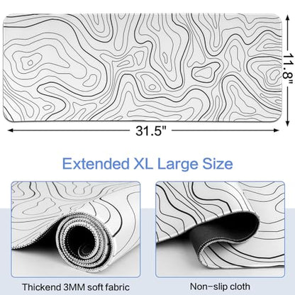 Large Gaming Mouse Pad, White Topographic Mousepad Desk Mat for Gaming Office, Long XL Mouse Pads Keyboard Pad Desk Pad for Computer Laptop 31.5''x11.8''