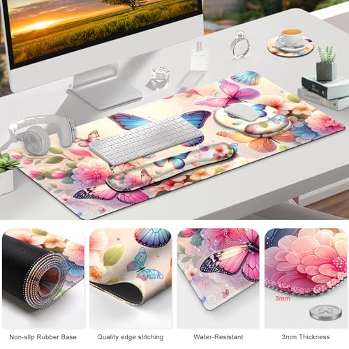 Gaming Mouse Pad, Large Desk Mat, 4in1 XXL Mousepad Cute Desk Pad Protector | Keyboard Wrist Rest+Mouse Wrist Rest+Coaster Set with Ergonomic Desk Pad for Home Office PC Computer, Butterflies Flowers - color: Butterflies Flowers