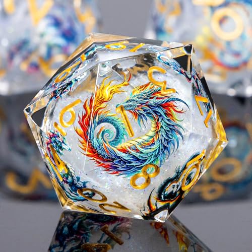 Roycevon Dragon Pattern Liquid Core DND Dice Set, 7Pcs Sharp Edge D&D Dice with Gift Box, Resin White Dungeons Dragons D and D Role Playing Dice D20 D12 D10 D8 D6 D4 - color: White Gold