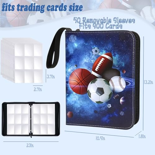 Sports Card Binder 900 Pockets, Trading Card Binder 9 Pocket with 50 Sleeves Fits 900 Sport Cards, Sports Card Holder with Zipper, Football Basketball Hockey Baseball Card Collection Storage Album - size: 900 Pockets Sports